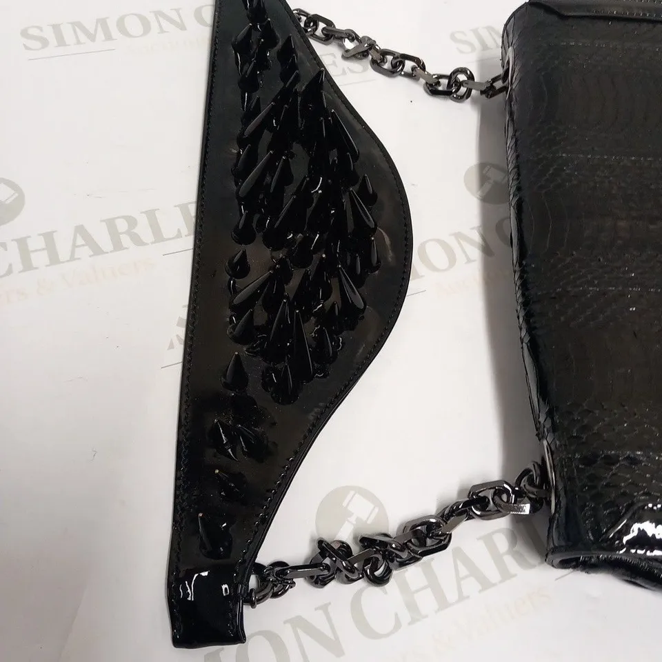 CHRISTIAN LOUBOUTIN BLACK SNAKESKIN EFFECT CLUTCH BAG WITH SPIKE HANDLE