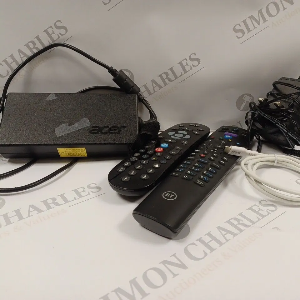 BOX OF APPROX 18 ASSORTED CABLES AND REMOTES TO INCLUDE AC/DC ADAPTER, BT REMOTE, SKY REMOTE, ETC. 