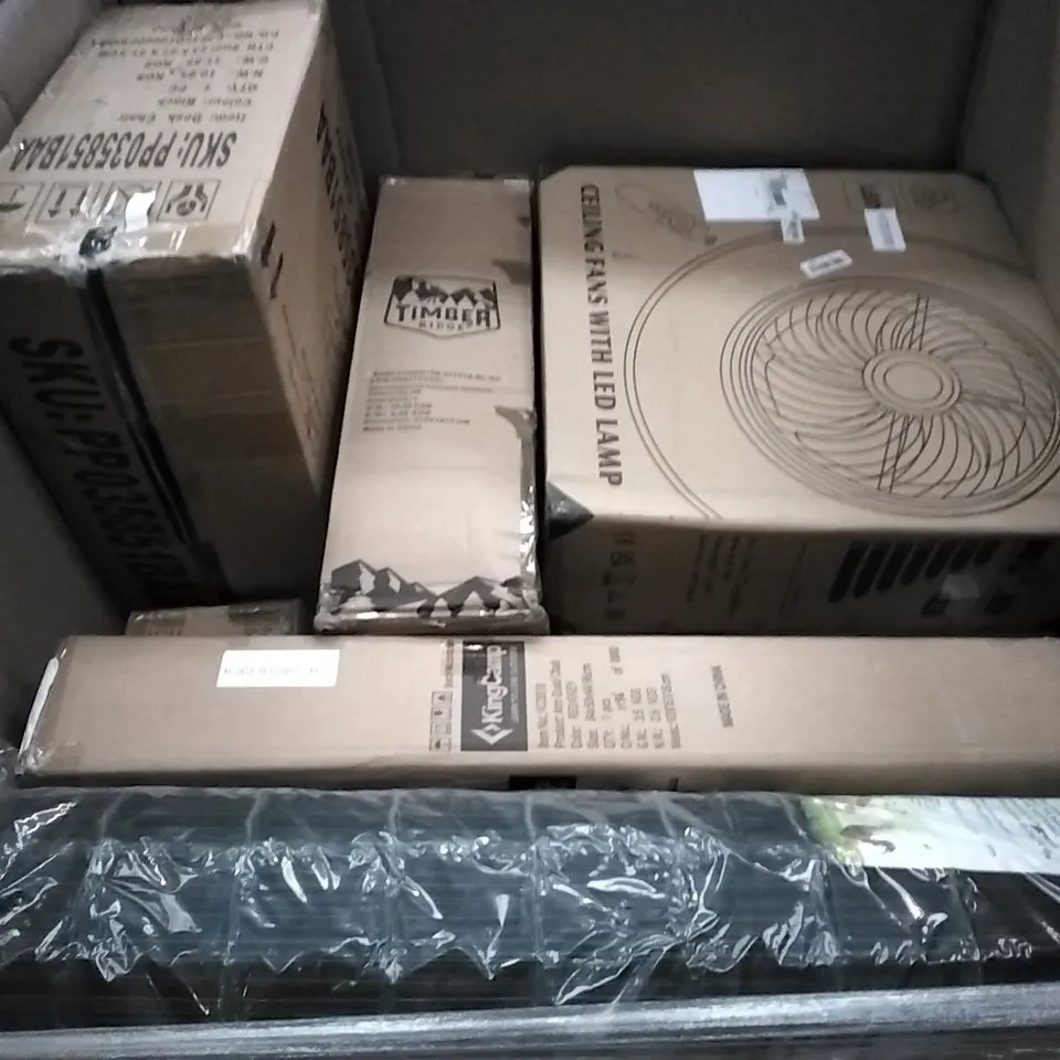 PALLET OF ASSORTED ITEMS INCLUDING VIVE TOILET SAFETY RAIL, SELECTMIRRORS RENNES, TIMBER RIDGE CAMPING WAGON, KING CAMP ARM QUAD CHAIR, CEILING FANS WITH LED LAMP, WAGON CART 