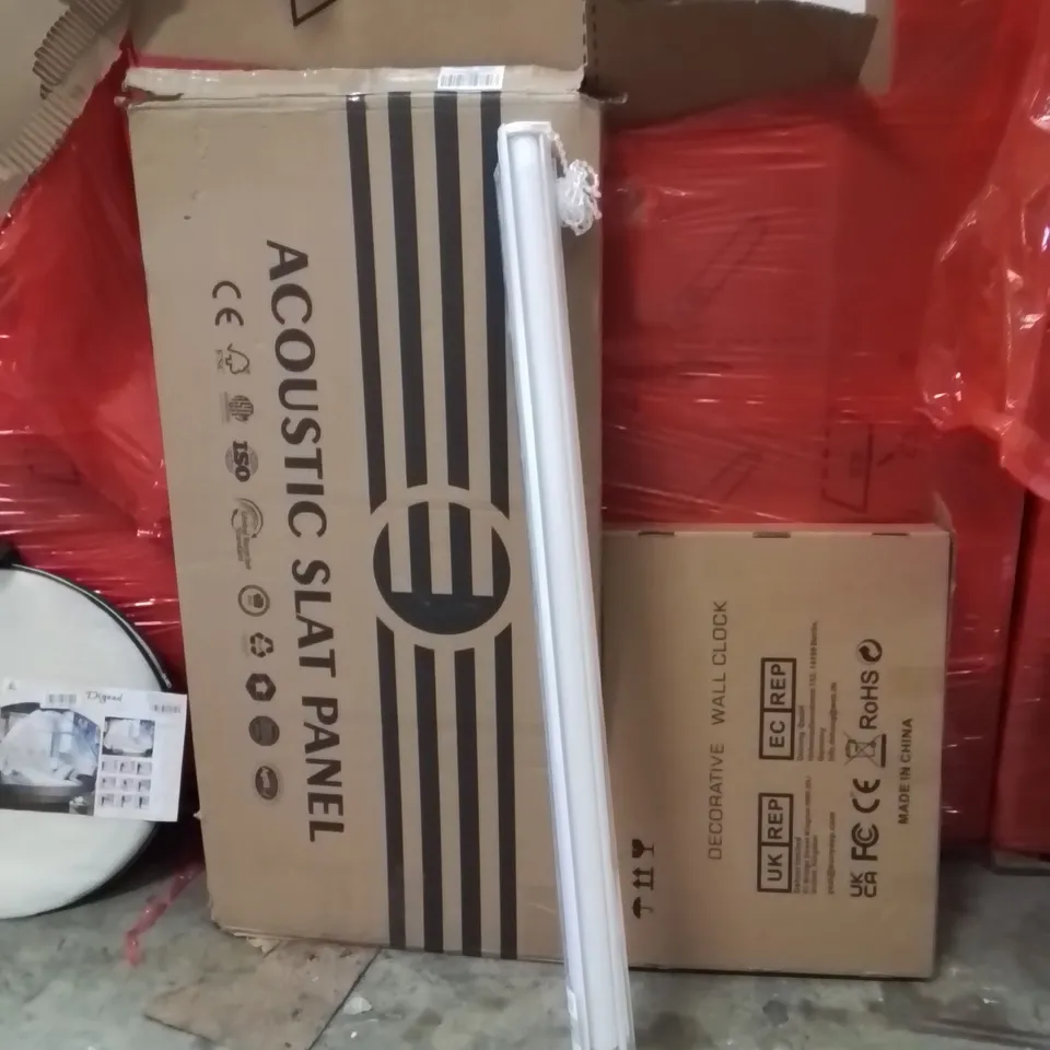 PALLET OF ASSORTED HOUSEHOLD GOODS AND PRODUCTS TO INCLUDE;WALL CLOCK,ROLLER BLINDS,ACOUSTIC SLAT PANEL