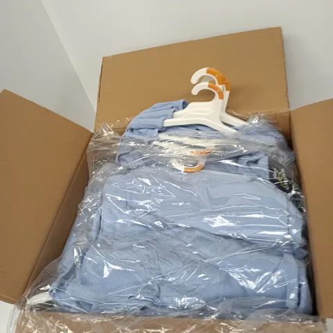 BOX OF APPROXIMATELY 20 BLUE ART CLASS DRESSES IN ASSORTED SIZES 