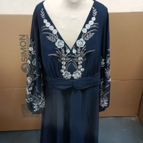 KALEIDOSCOPE EMBROIDERED MIDI DRESS LONG SLEEVED NAVY SIZE 20