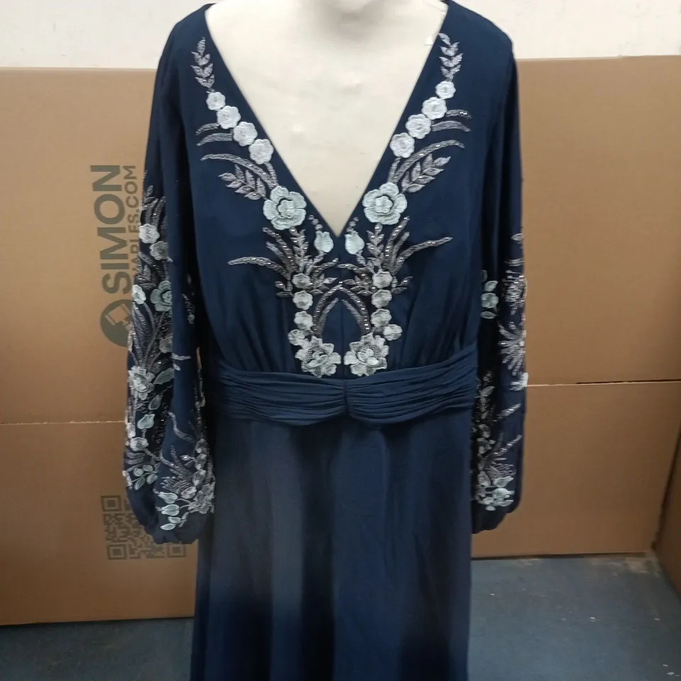 KALEIDOSCOPE EMBROIDERED MIDI DRESS LONG SLEEVED NAVY SIZE 20