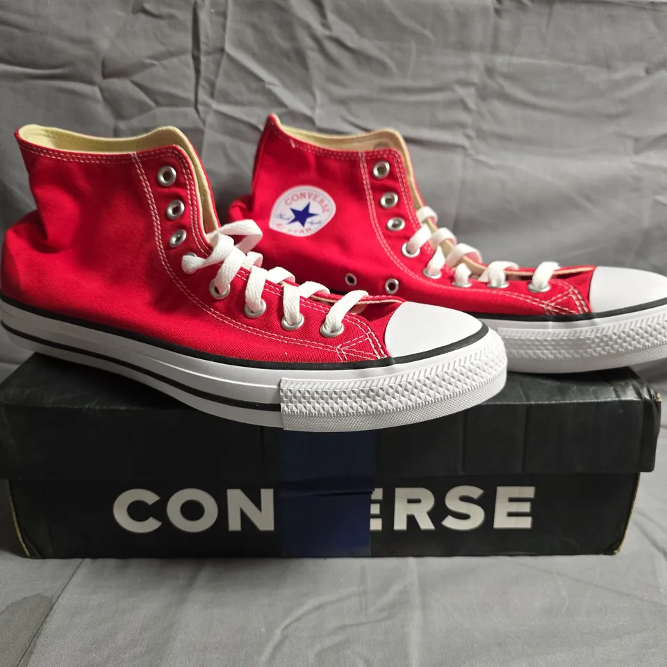 BOXED PAIR OF CONVERSE ALL STAR HI-TOP SHOES IN RED SIZE UK 9.5