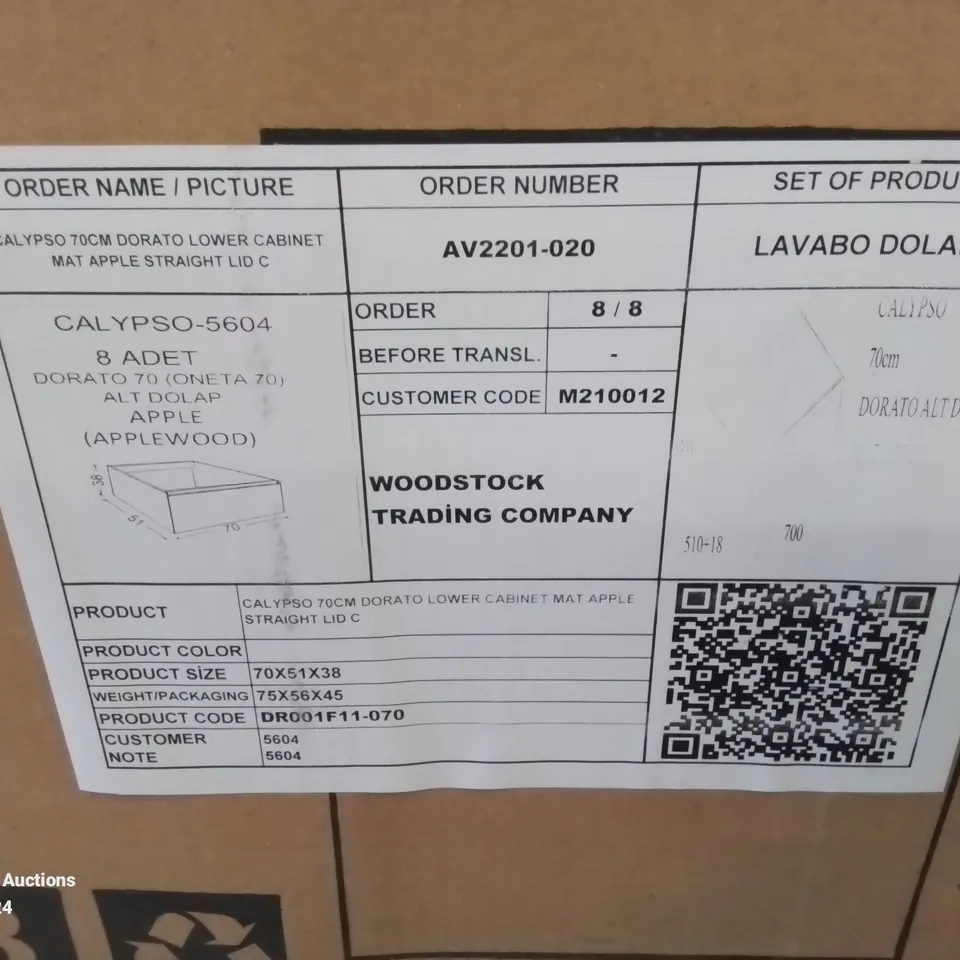PALLET CONTAINING 4 BOXED BRAND NEW CALYPSO ONETA 710MM SINGLE DRAWER WH VANITY UNIT IN APPLE WOOD