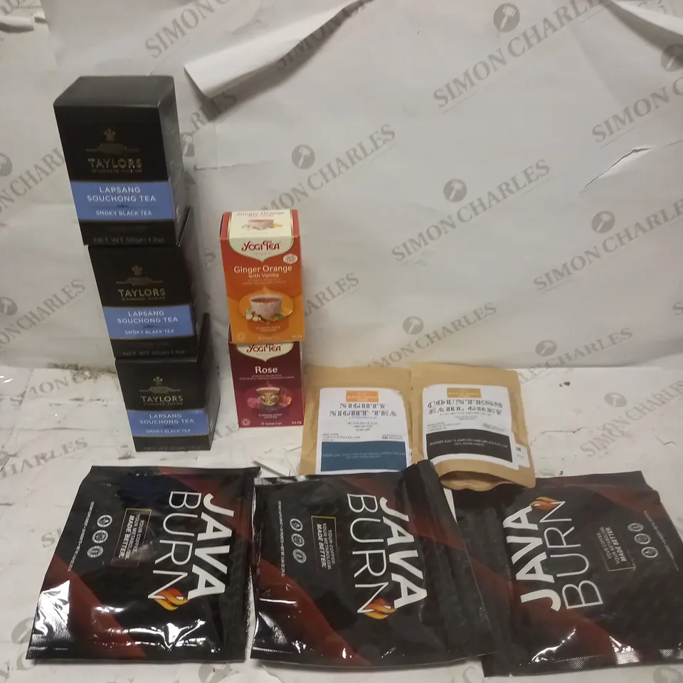 LOT OF 10 ASSORTED TEA AND COFFEE TO INCLUDE TAYLORS, JAVA BURN, MYSTIC BREW ETC