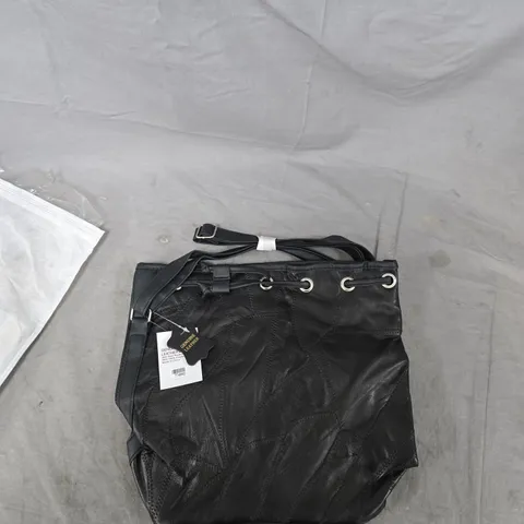 BLACK LEATHER SHOULDER BAG WITH GROMMET EYELET DETAILING – GENUINE LEATHER 