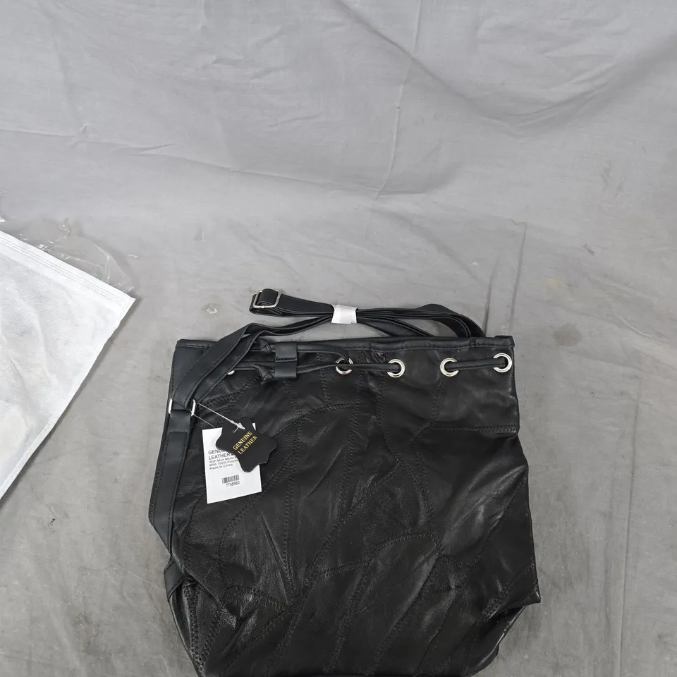 BLACK LEATHER SHOULDER BAG WITH GROMMET EYELET DETAILING – GENUINE LEATHER 