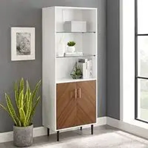 BRAND NEW BOXED WALKER EDISON LIAN WOODEN DISPLAY CABINET WITH 2 DOORS IN WHITE & BROWN (1 BOX)
