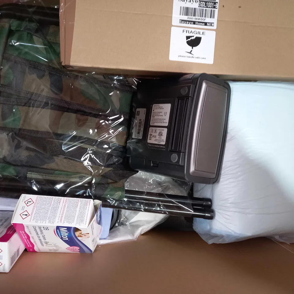 BOX OF APPROXIMATELY 15 ASSORTED HOUSEHOLD ITEMS TO INCLUDE EVO-STIK LEAD AND GUTTER SILICONE, TOP TABLE CLOTHS, MILTON STERILISING TABLETS, ETC