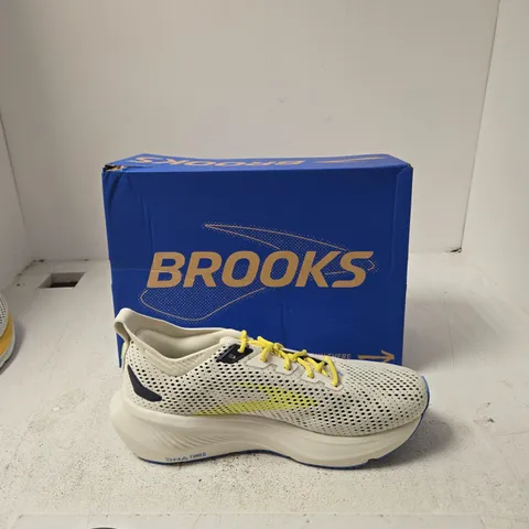 BROOKS RUNNING SHOES – WHITE MESH WITH YELLOW LACES AND BLUE OUTSOLE - UK 10