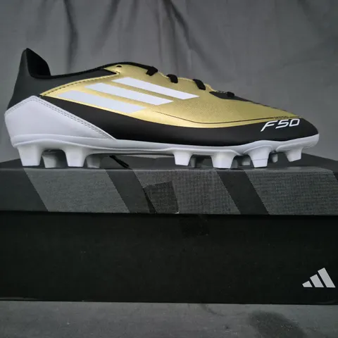 BOXED PAIR OF ADIDAS F50 CLUB FXG MESSI FOOTBALL BOOTS IN BLACK/GOLD/WHITE UK SIZE 9