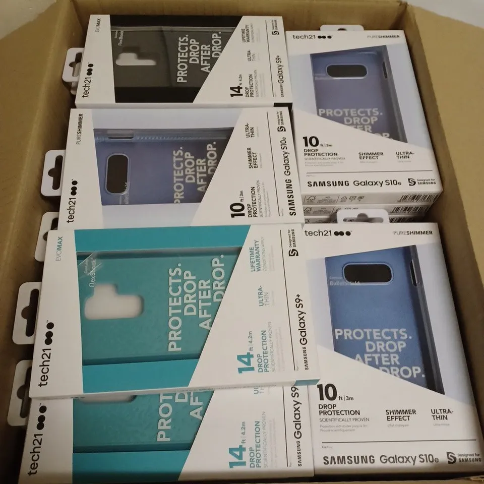 29 X TECH21 EVO MAX HARDSHELL CASE FOR GALAXY S9 PLUS - CHARCOAL - 30 X TECH21 PURE SHIMMER HARDSHELL CASE FOR GALAXY S10E - BLUE - 19 X TECH21 EVO MAX HARDSHELL CASE FOR GALAXY S9 PLUS - CRUSHED TURQ