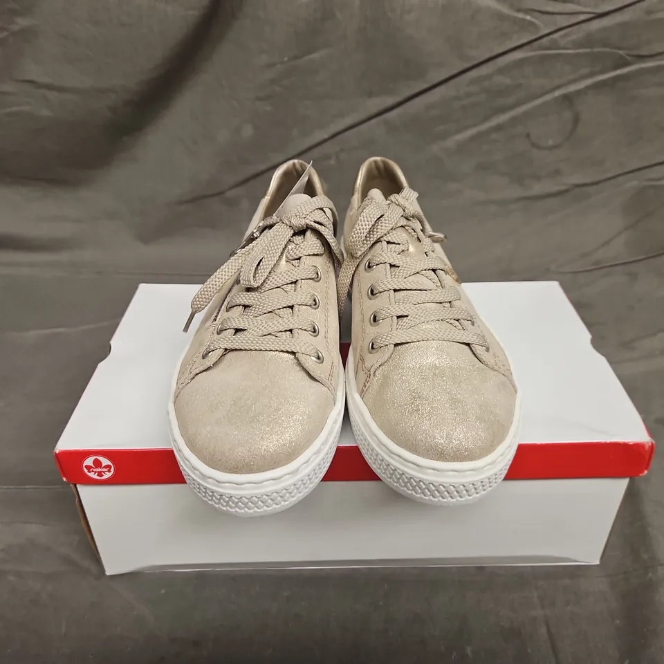 BOXED PAIR OF RIEKER SHOES IN METALLIC GOLD SIZE 39