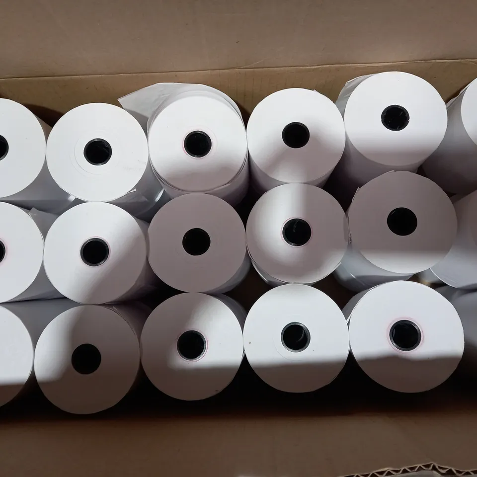 BOX OF APPROX 36 ROLLS OF 8CM WIDE RECEIPT TAPE 