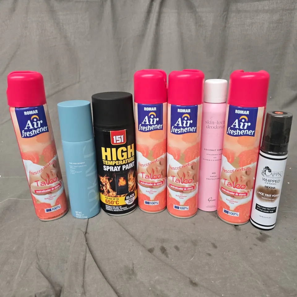 APPROXIMATELY 15 ASSORTED AEROSOLS TO INCLUDE 151 HIGH TEMP PAINT, ROMAR AIR FRESHENER, CAPPN LACE TINT FOAM, ETC - COLLECTION ONLY