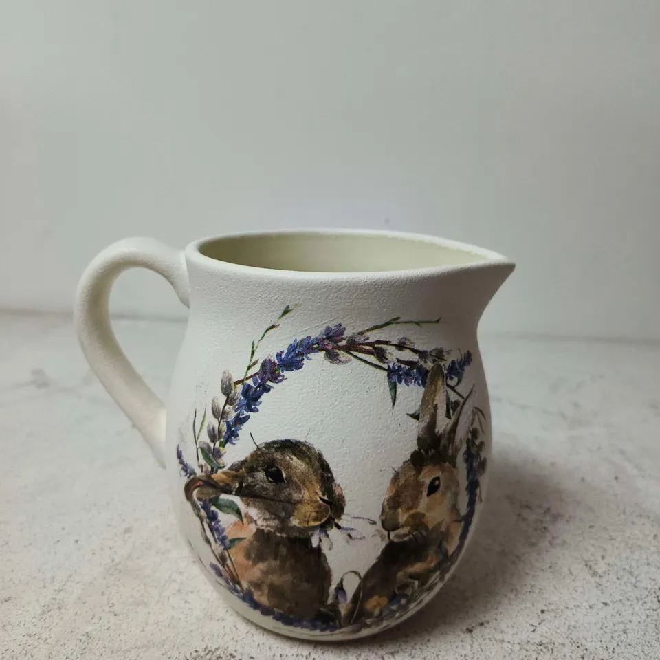 CERAMIC JUG WITH RABBIT MOTIF AND BLUE FLORAL BORDER – DECORATIVE PITCHER