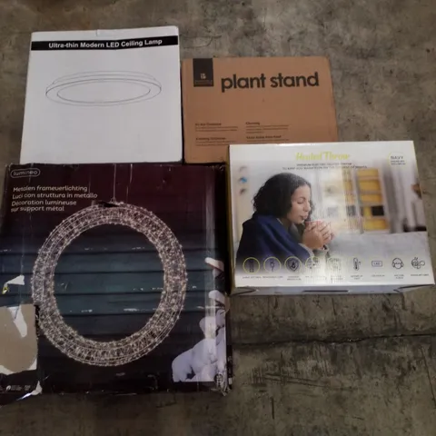 PALLET CONTAINING ASSORTED PRODUCTS INCLUDING LED CEILING LAMP, PLANT STAND, HEATED THROW & METAL FRAME LIGHTS
