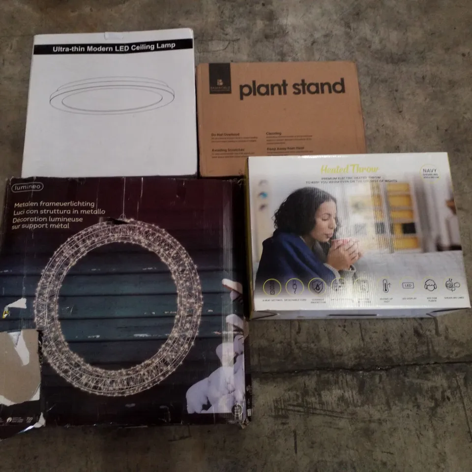 PALLET CONTAINING ASSORTED PRODUCTS INCLUDING LED CEILING LAMP, PLANT STAND, HEATED THROW & METAL FRAME LIGHTS