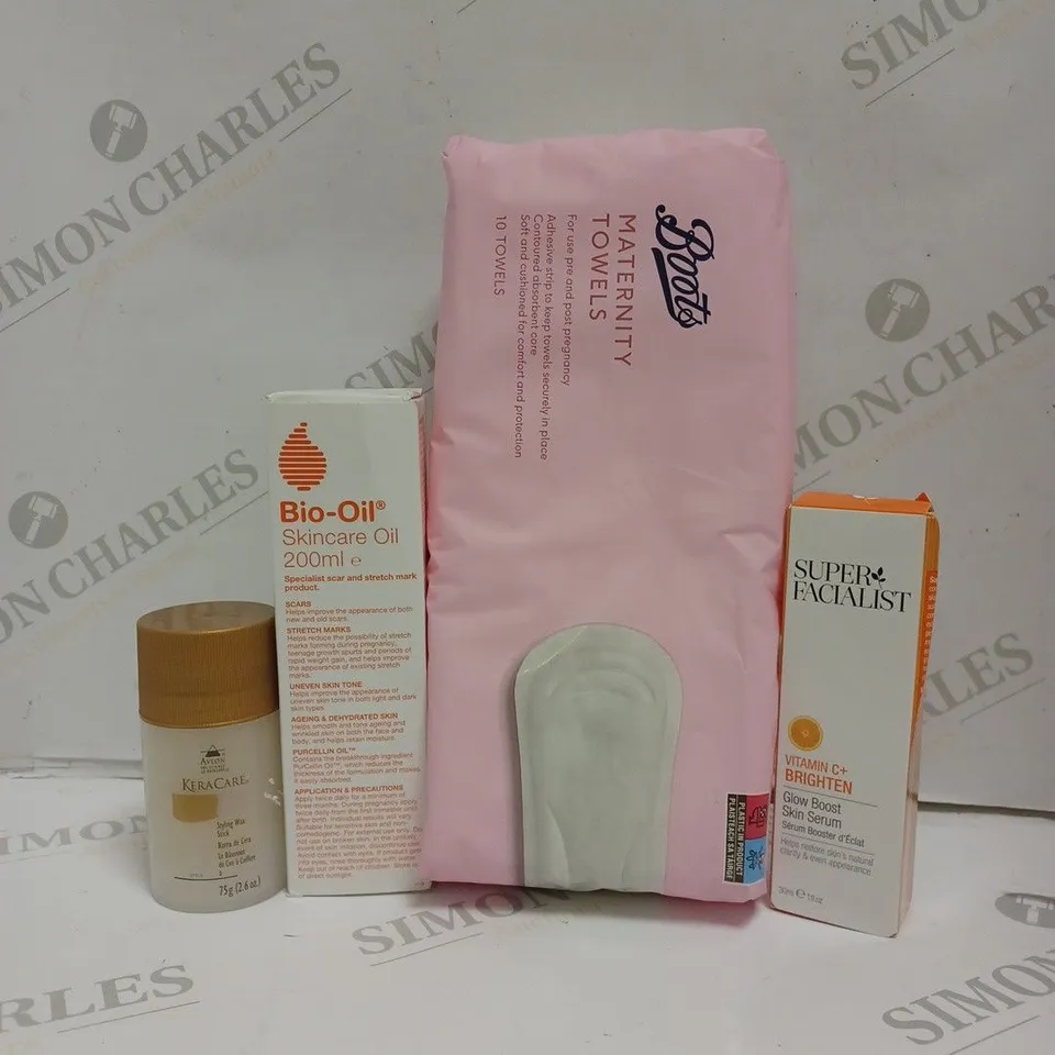 BOX OF APPROX 18 ASSORTED BEAUTY PRODUCTS TO INCLUDE AVLON KERACARE, SUPER FACIALIST GLOW BOOST SKIN SERUM, BIO-OIL SKINCARE, ETC.