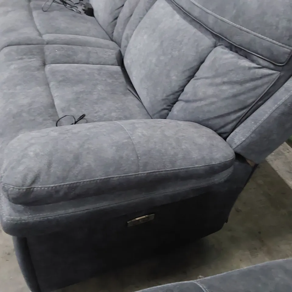 DESIGNER POWER RECLINING THREE SEATER SOFA GREY MACAU FABRIC WITH BLACK PIPING 