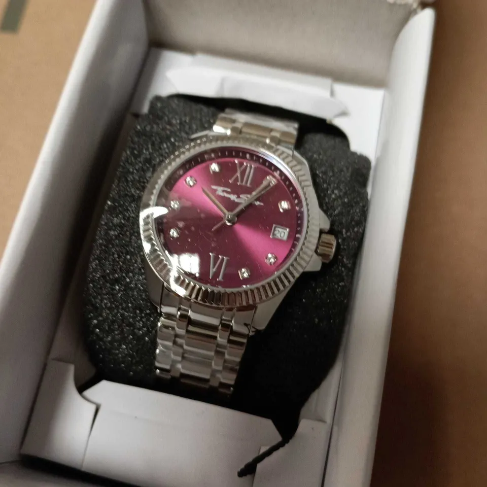 BOXED THOMAS SABO SILVER WATCH, BURGUNDY DIAL, WHITE STONES.