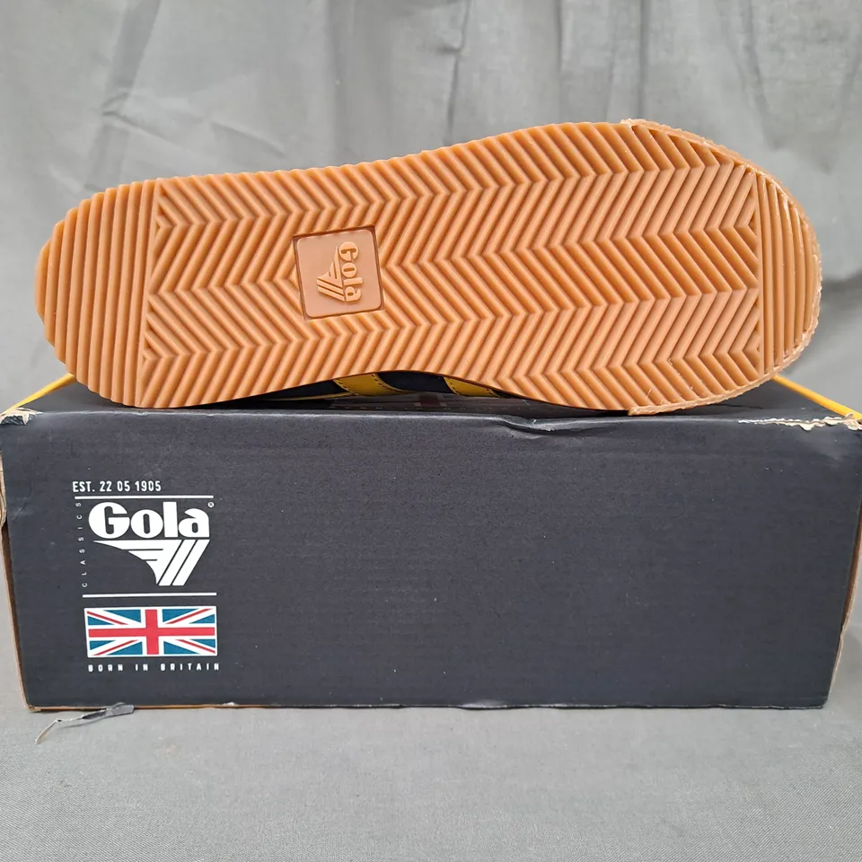 BOXED PAIR OF GOLA HARRIER STRAP SHOES IN NAVY/YELLOW/RED UK SIZE 2