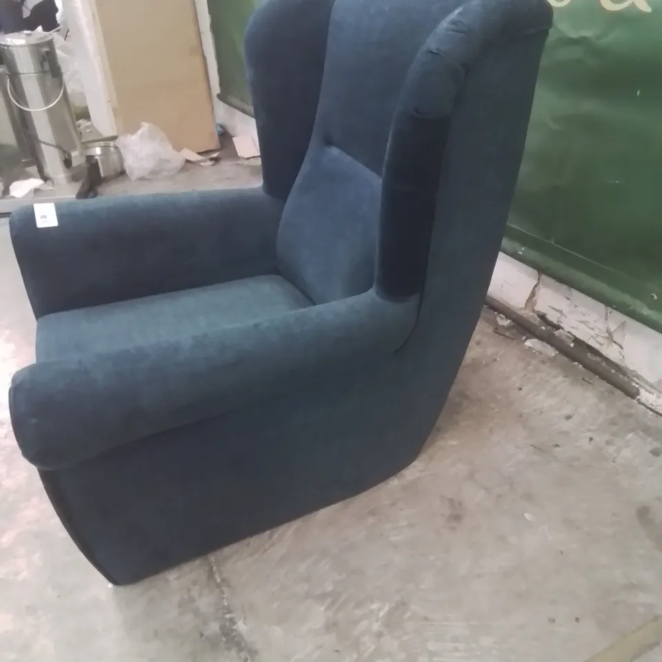DESIGNER WINGED EASY CHAIR NAVY PLUSH FABRIC 