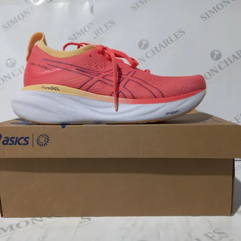 BOXED PAIR OF ASICS GEL-NIMBUS 25 SHOES IN PAPAYA/DUSTY PURPLE UK SIZE 6