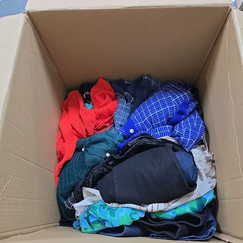 BOX OF APPROXIMATELY 20 ASORTED CLOTHING ITEMS IN VARIOUS STYLES , COLOURS AND SIZES