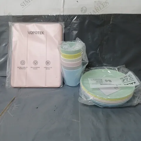 APPROXIMATELY 20 HOUSEHOLD ITEMS TO INCLUDE TABLET COVER, PLASTIC CUPS AND PLATES AND BEDDING