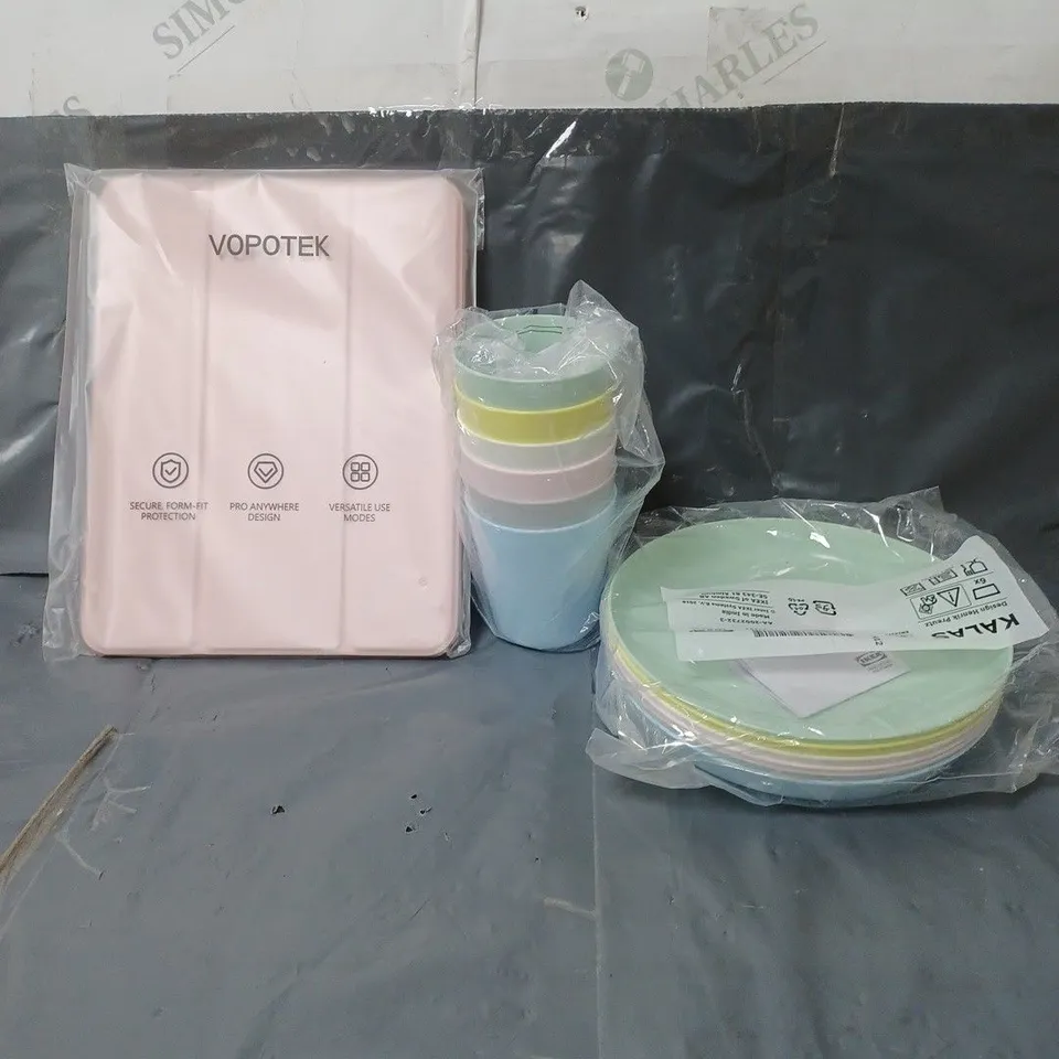 APPROXIMATELY 20 HOUSEHOLD ITEMS TO INCLUDE TABLET COVER, PLASTIC CUPS AND PLATES AND BEDDING