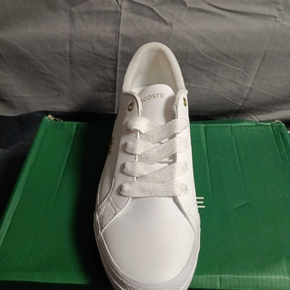 BOXED PAIR OF LACOSTE WHITE SNEAKERS – UK SIZE 6