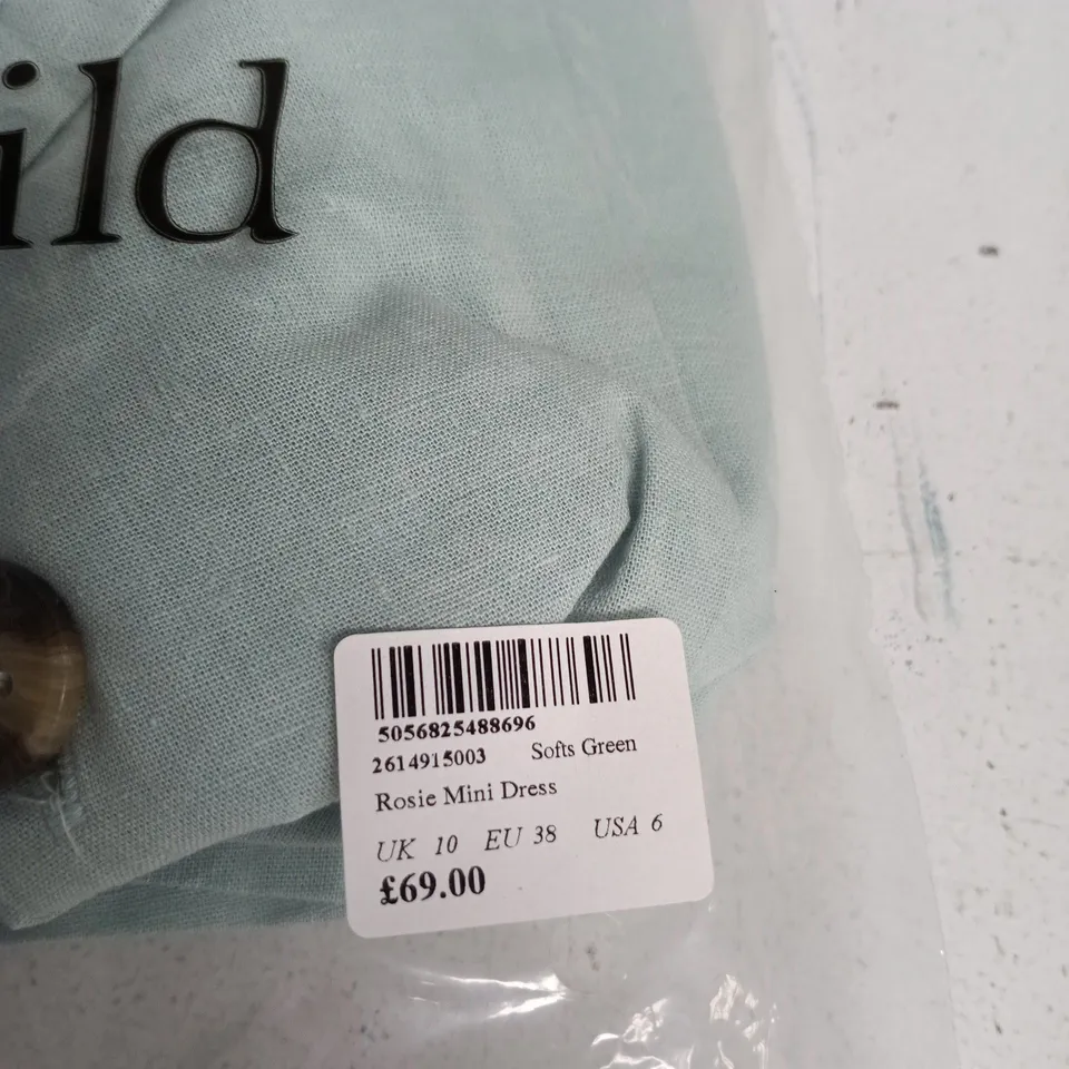 NOBODY'S CHILD ROSIE MINI DRESS - SOFT GREEN, UK 10 (EU 38, USA 6)