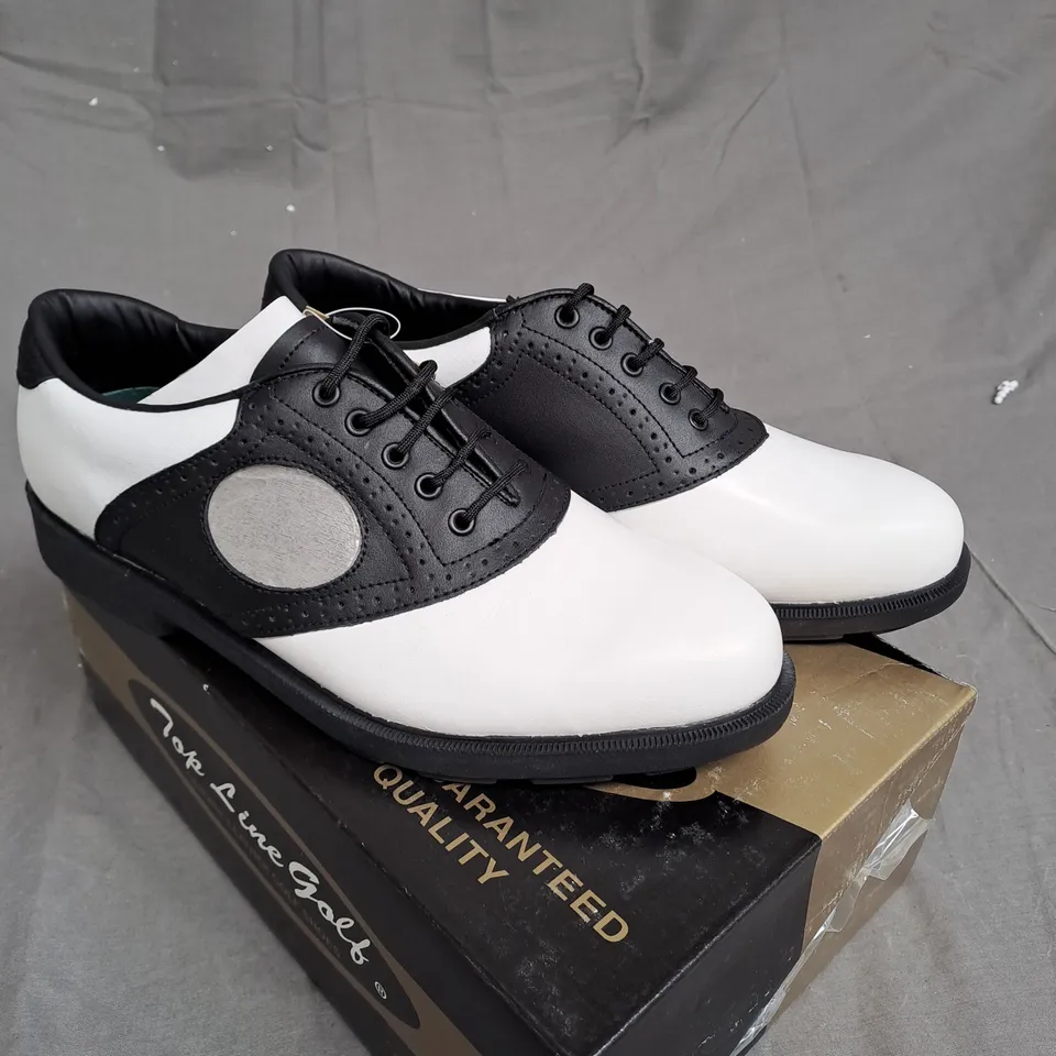 BOX OF APPROXIMATLY 12 BLACK AND WHITE TOP LINE GOLF SHOES VARIOUS SIZES