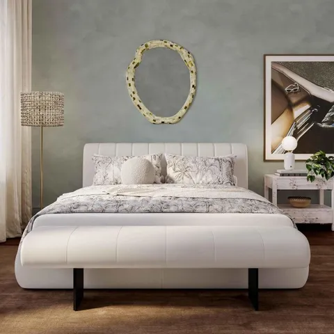 BOXED KAROL SUPER KING BED FRAME WITH VEGAN LEATHER UPHOLSTERY, BED BASE WITH SLATTED SUPPORT BASE INCLUDED, 231.5L X 209W X 94H CM, CREAM (2 BOXES)
