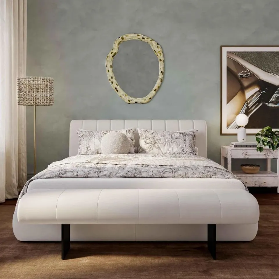 BOXED KAROL SUPER KING BED FRAME WITH VEGAN LEATHER UPHOLSTERY, BED BASE WITH SLATTED SUPPORT BASE INCLUDED, 231.5L X 209W X 94H CM, CREAM (2 BOXES)