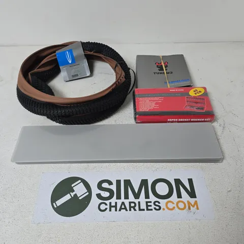 APPROXIMATELY 15 ASSORTED VEHICLE PARTS, TOOLS & ACCESSORIES TO INCLUDE SCHWALBE BILLY BONKERS TYRE, 46PCS SOCKET WRENCH SET, BIKE BRAEK PADS, ETC - COLLECTION ONLY