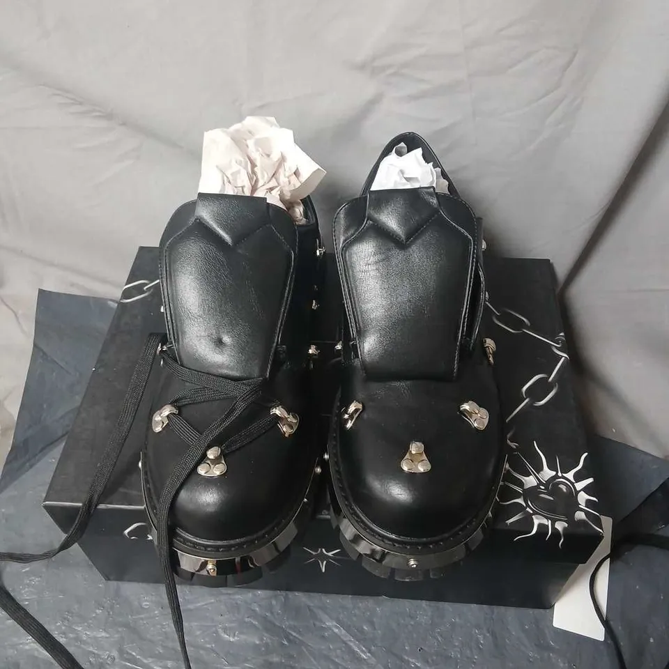 KOI BLACK LEATHER LOAFERS WITH METAL STUDS AND CHUNKY LUG SOLE UK 9 