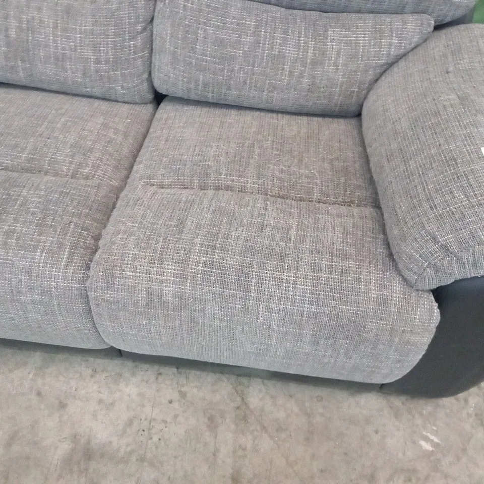 DESIGNER GREY FABRIC AND BLACK FAUX LEATHER RECLINING THREE SEATER SOFA AND EASY CHAIR