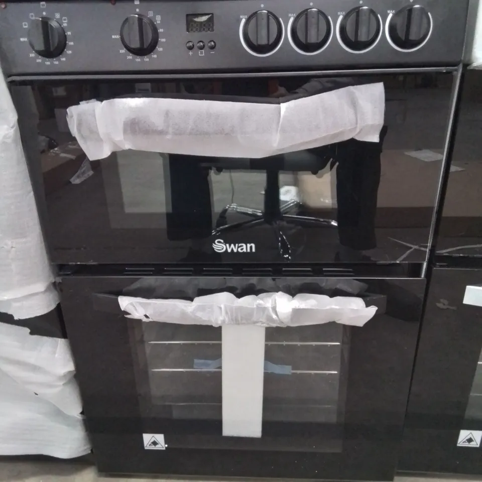 BOXED SWAN SX16730B 60CM WIDE DOUBLE OVEN ELECTRIC COOKER WITH CERAMIC HOB - BLACK
