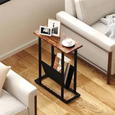 BOXED SMALL SIDE TABLE WITH MAGAZINE HOLDER FOR SMALL SPACE - RUSTIC BROWN