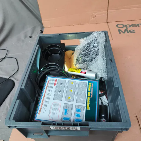 TOTE OF APPROXIMATELY 10 ASSORTED AUTO PARTS TO INCLUDE: DELUXE TIRE PLUG KIT