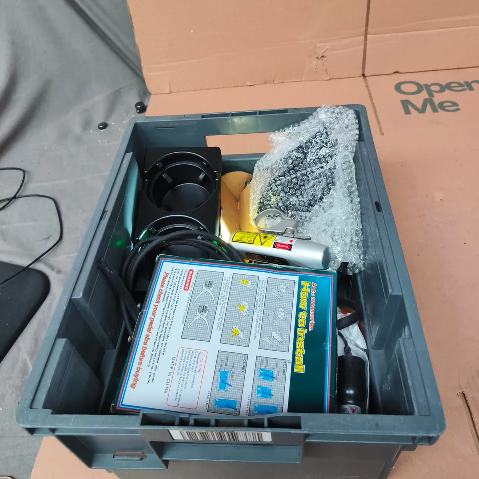 TOTE OF APPROXIMATELY 10 ASSORTED AUTO PARTS TO INCLUDE: DELUXE TIRE PLUG KIT 