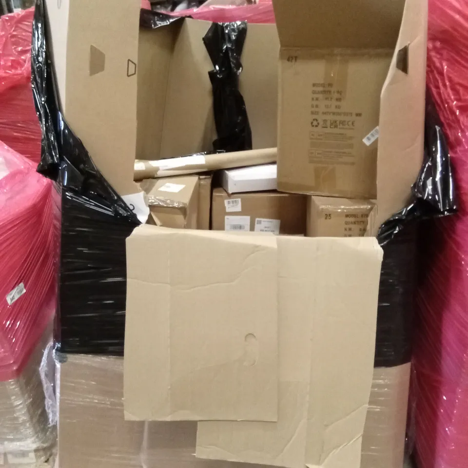 PALLET OF ASSORTED HOUSEHOLD GOODS & PRODUCTS TO INCLUDE; CABINET SAFE BOXES, BOXED FURNITURE ETC 