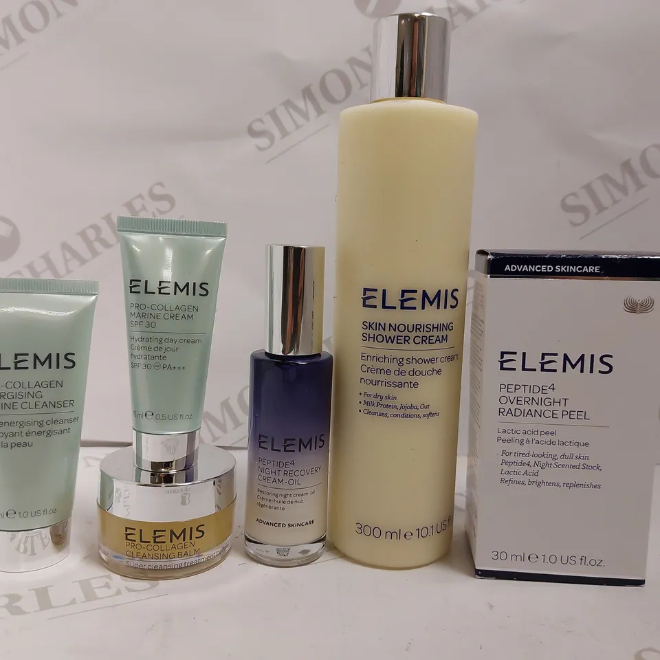 BOX OF APPROX 6 ELEMIS ITEMS TO INCLUDE PEPTIDE OVERNIGHT RADIANCE PEEL, PRO COLLAGEN CLEANSING BALM AND SHOWER CREAM