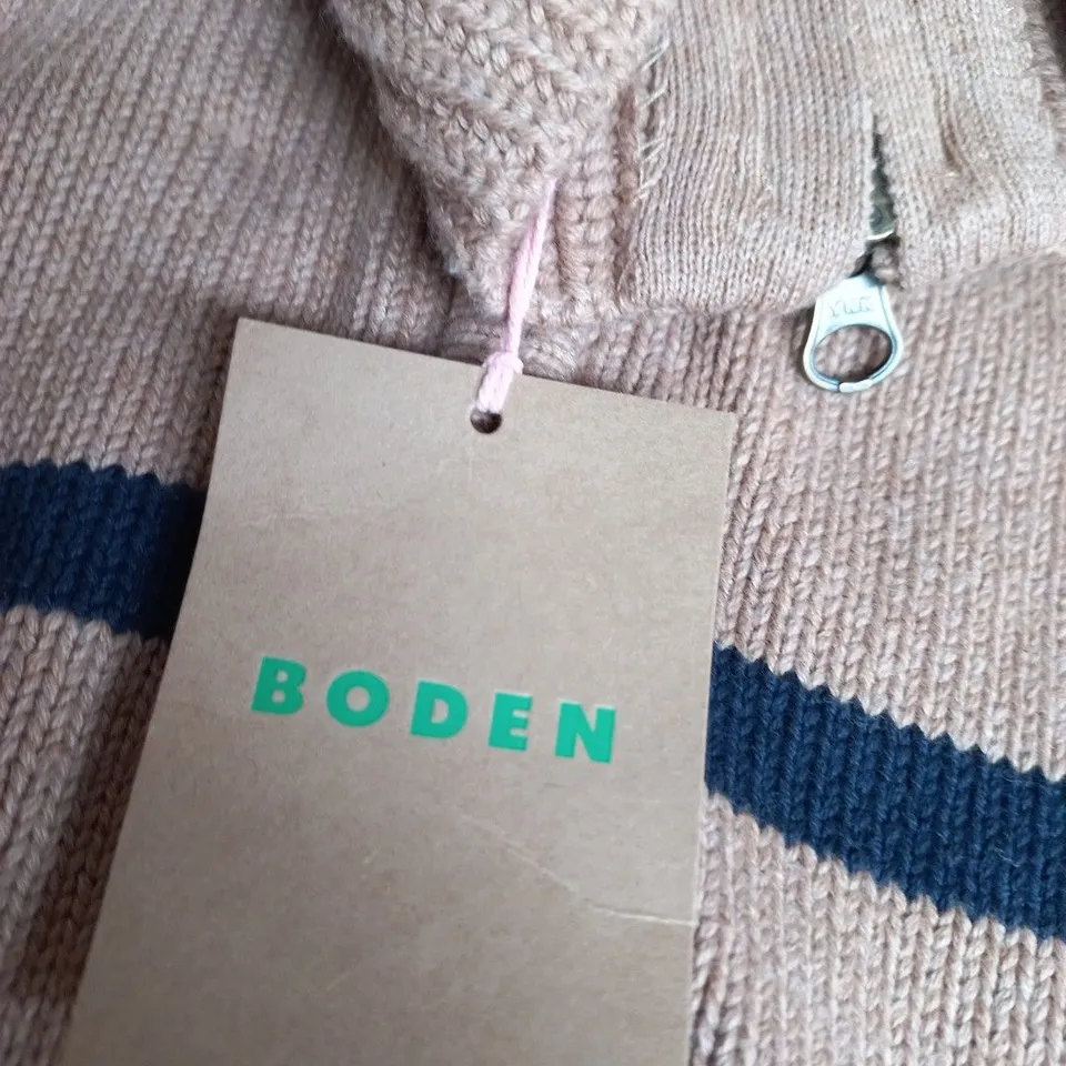 BODEN STRIPED KNIT JUMPER WITH ZIP – BEIGE & NAVY