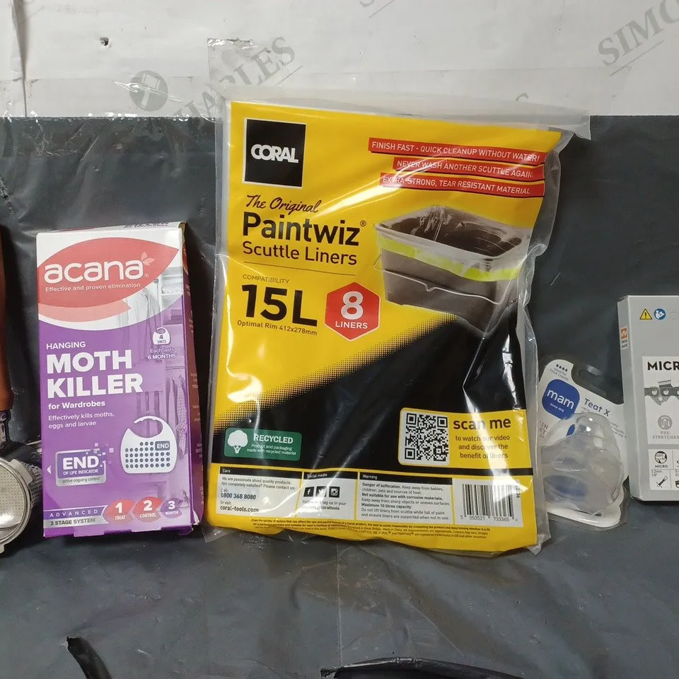 BOX OF APPROXIMATELY 12 ASSORTED ITEMS TO INCLUDE - STIHL MICRO , CORAL PAINTWIZ SCUTTLE LINERS , MOTH KILLER ETC