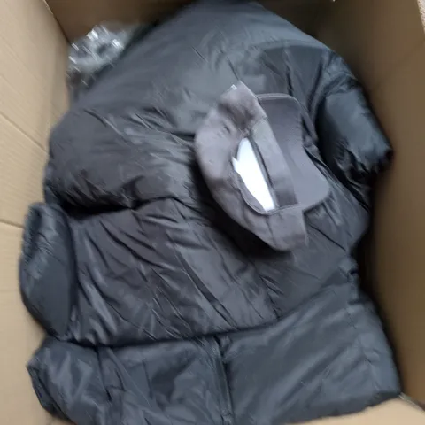 BOX OF APPROXIMATELY 15 ASSORTED CLOTHING ITEMS TO INCLUDE: HOODED FUR GILLET 