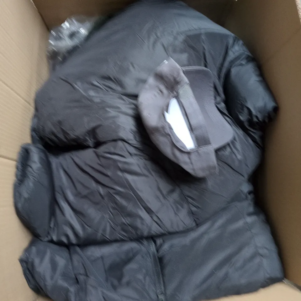 BOX OF APPROXIMATELY 15 ASSORTED CLOTHING ITEMS TO INCLUDE: HOODED FUR GILLET 